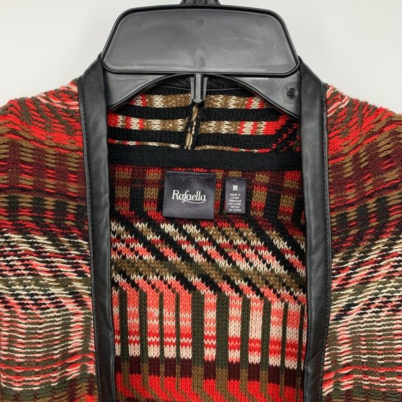 Rafaella Cardigan Red Black Faux Leather Trim Open Front - Picture 4 of 10